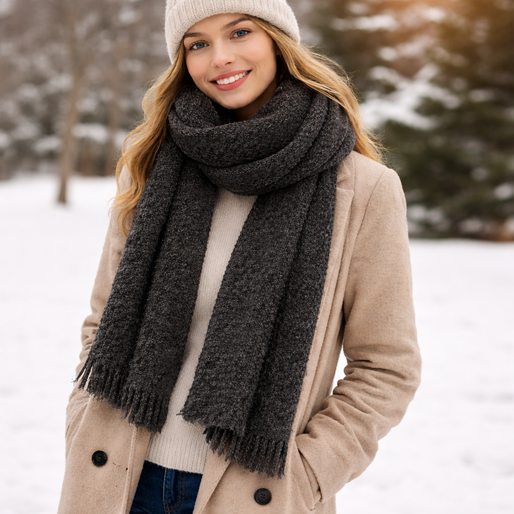 Cachecol Luxe em Alpaca Carvão: Calor Intenso e Sofisticação Atemporal