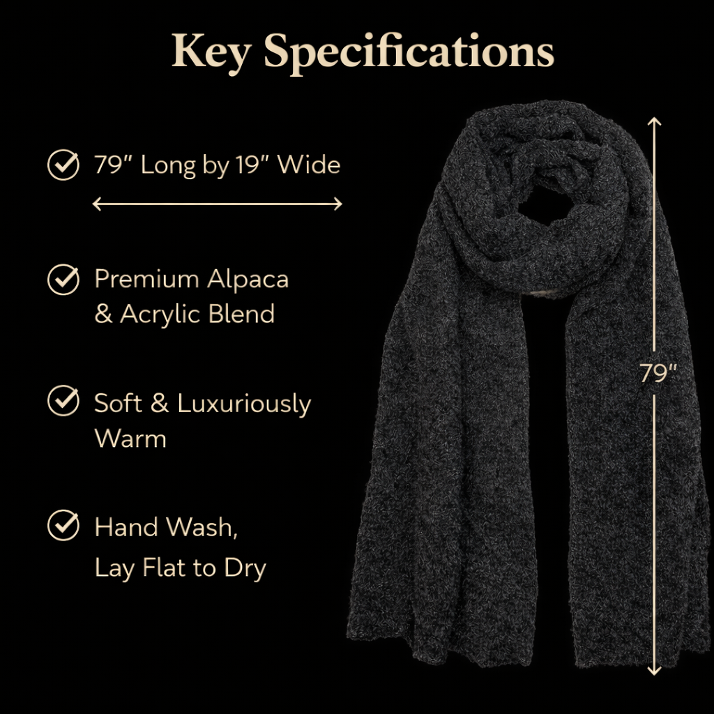 Cachecol Luxe em Alpaca Carvão: Calor Intenso e Sofisticação Atemporal