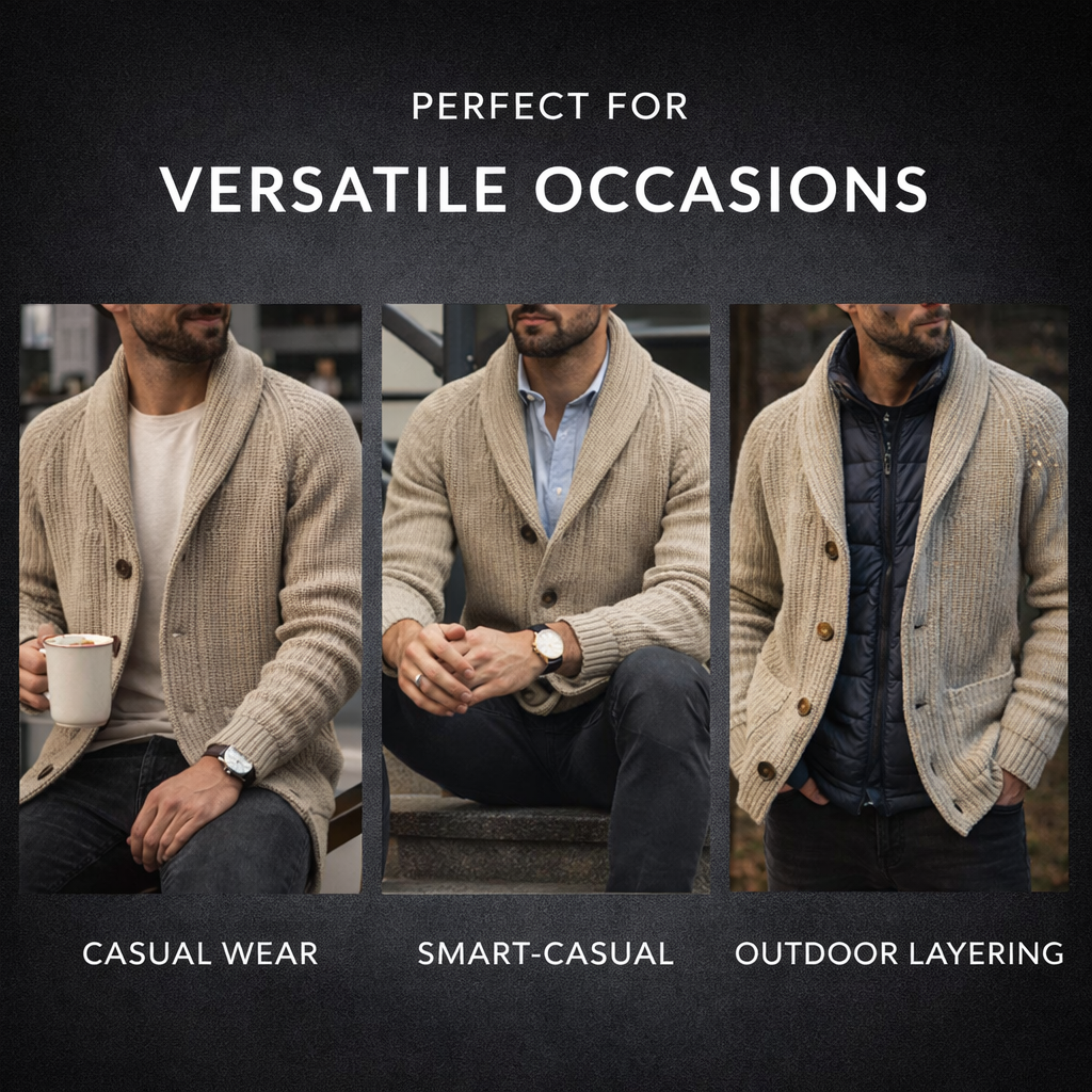 Men’s Knit Cardigan with Lapel & Buttons – Khaki