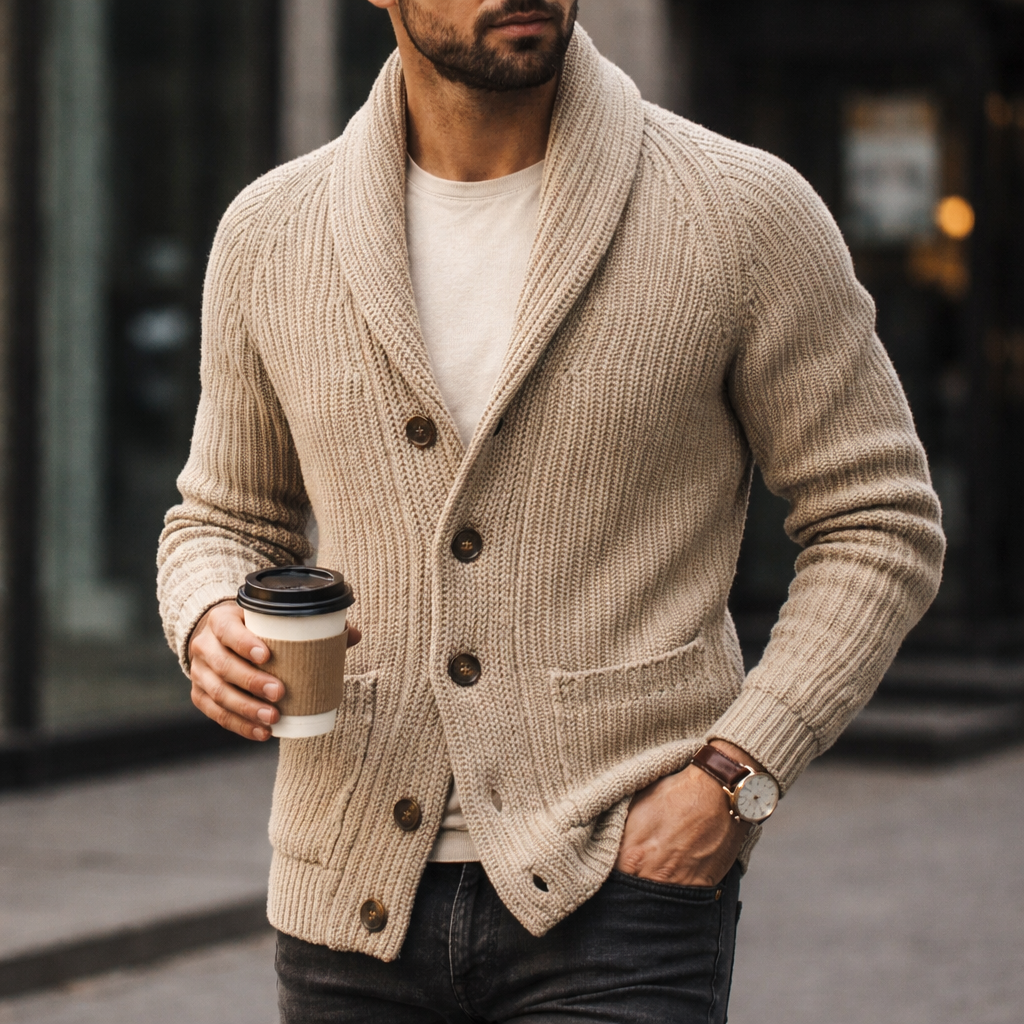 Men’s Knit Cardigan with Lapel & Buttons – Khaki